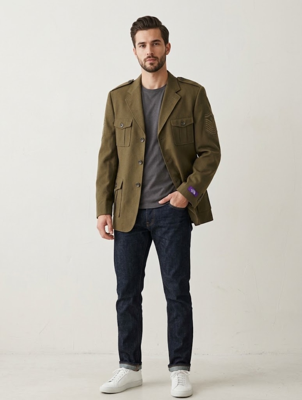 NWT Empra Men’s Military Style Embroidered Sleeve Blazer Size 42/L Olive Green